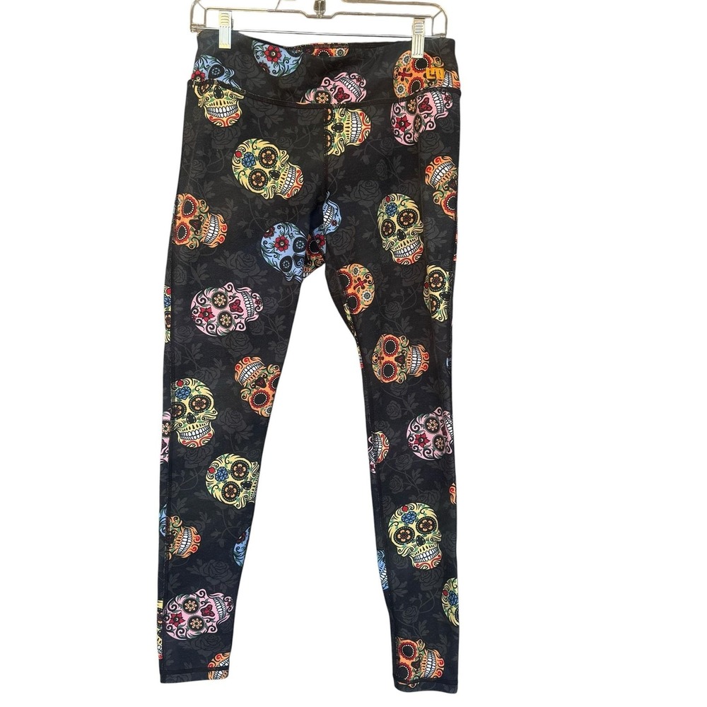 Loudmouth Leggings Womens Medium Black Sugar Skull Print Ankle Stretch Halloween